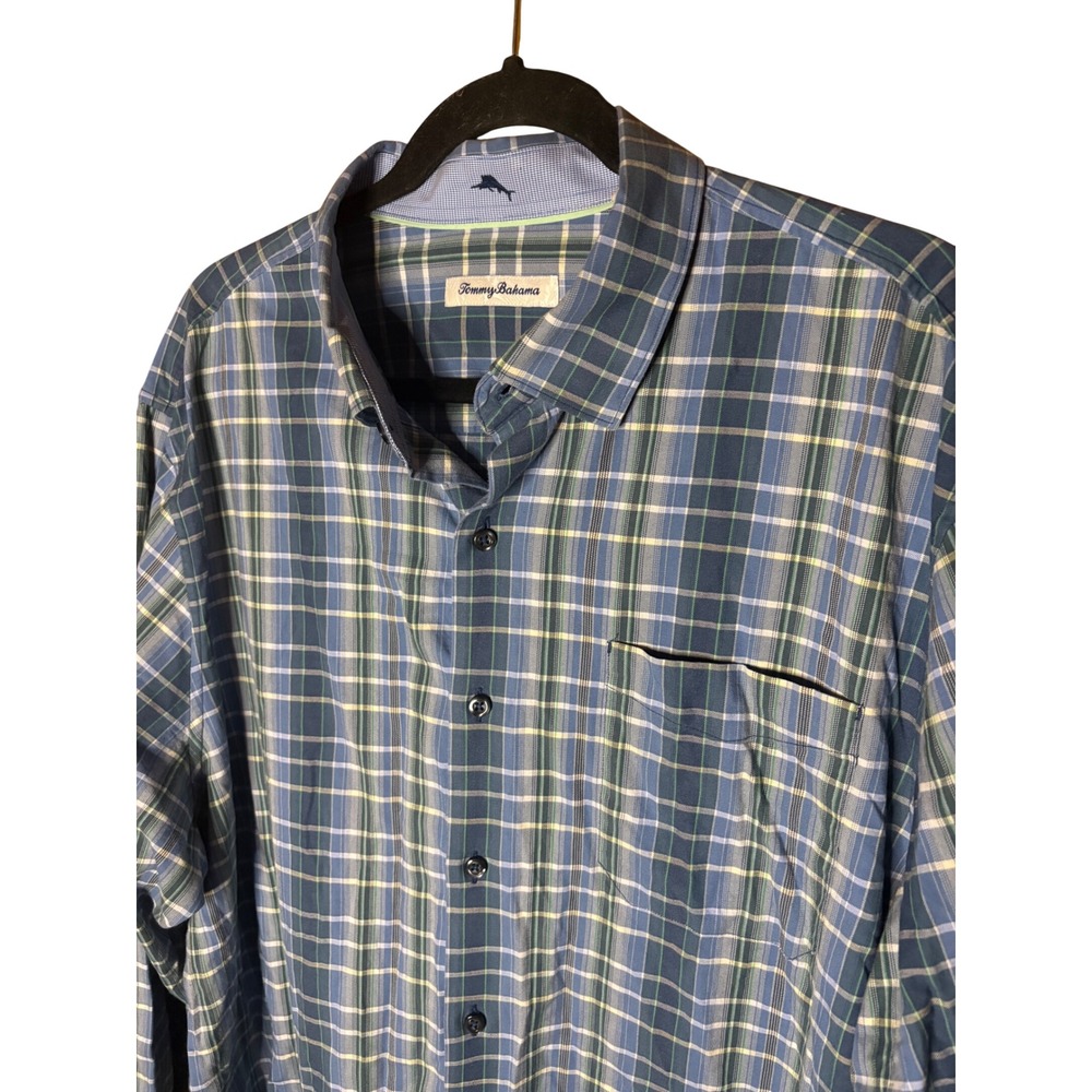 Tommy Bahama Mens XL Blue Green Plaid Cotton Silk Blend Long Sleeve Button Down